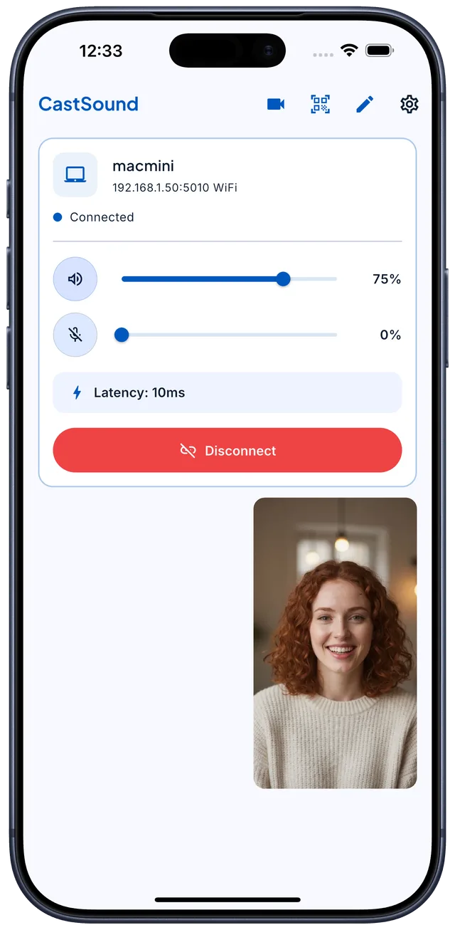 CastSound phone app connected to a Mac, streaming computer audio with the phone camera active