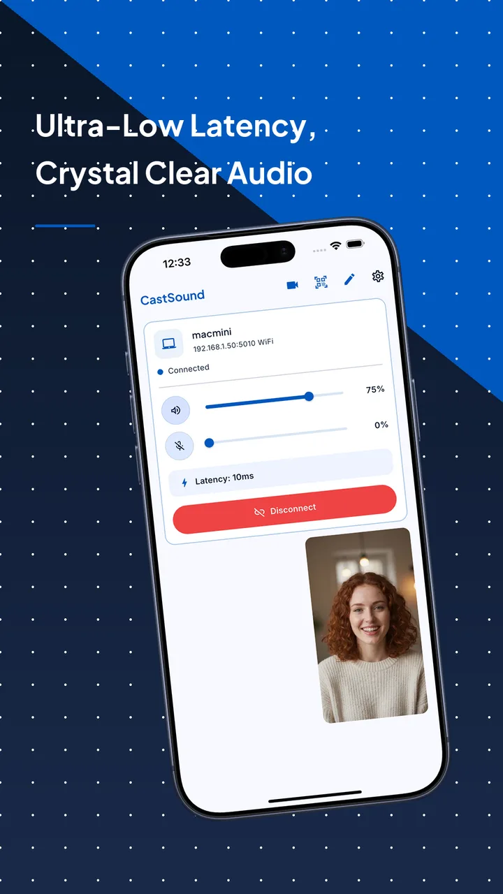 CastSound phone app connected to a computer over Wi-Fi during an active audio session