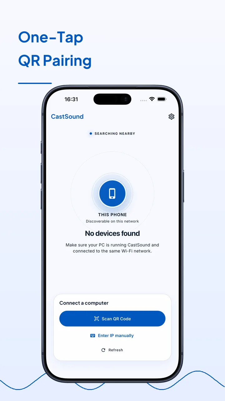 CastSound phone app discovering computers on the same network with one-tap QR pairing